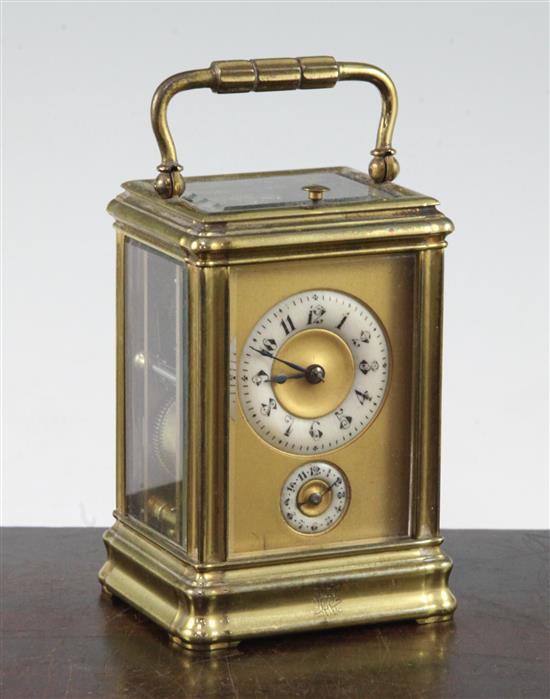 A late 19th century French Drocourt & Co brass hour repeating carriage clock, 4.25in.